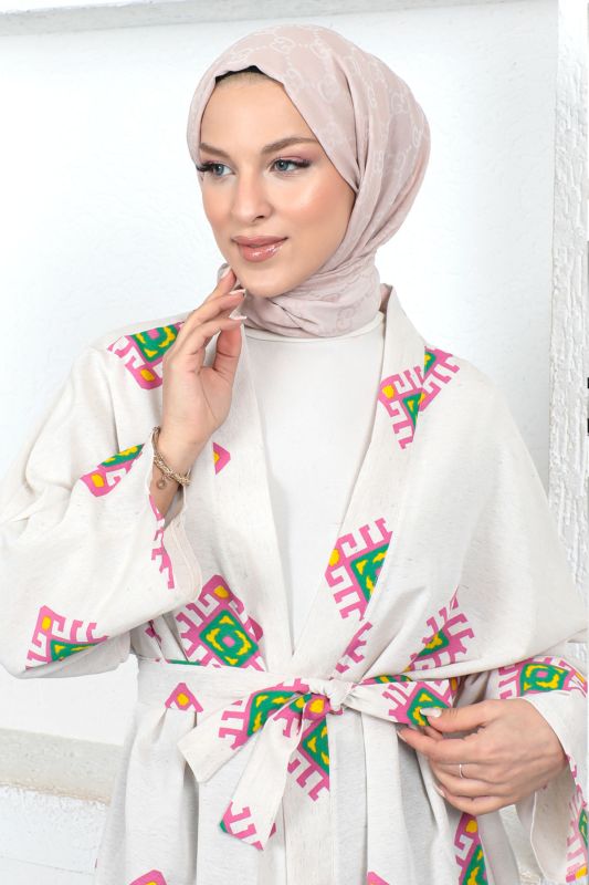 Motifli Kimono TSD230435 Beyaz - 3