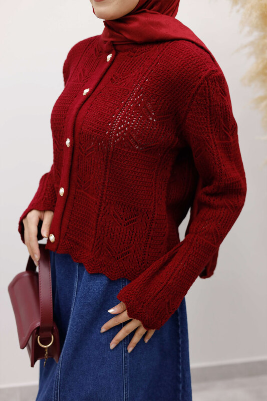 Nakışlı Delikli Triko Hırka TSD250227 Bordo - 2