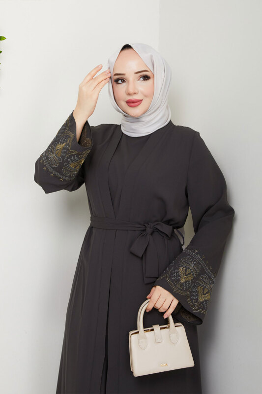 Nakışlı İç Elbiseli Abaya Takım TSD250197 Antrasit - 2