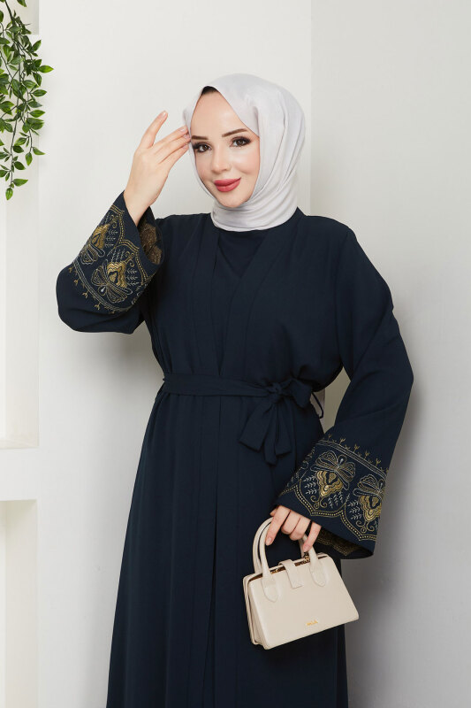 Nakışlı İç Elbiseli Abaya Takım TSD250197 Lacivert - 2