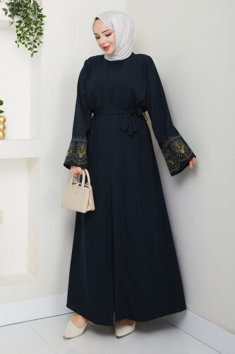 Nakışlı İç Elbiseli Abaya Takım TSD250197 Lacivert - 3