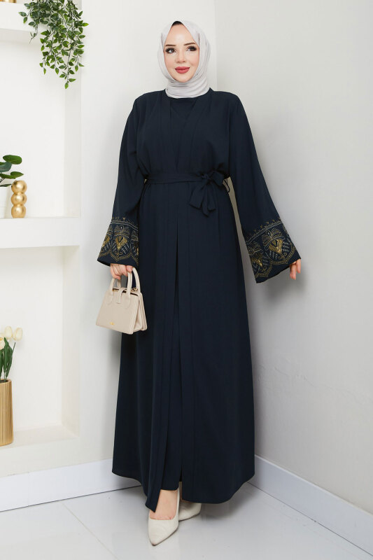 Nakışlı İç Elbiseli Abaya Takım TSD250197 Lacivert - 1