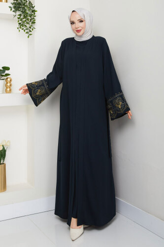 Nakışlı İç Elbiseli Abaya Takım TSD250197 Lacivert - 4