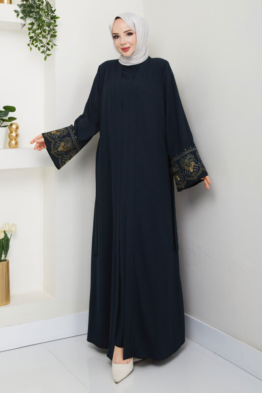 Nakışlı İç Elbiseli Abaya Takım TSD250197 Lacivert - 4