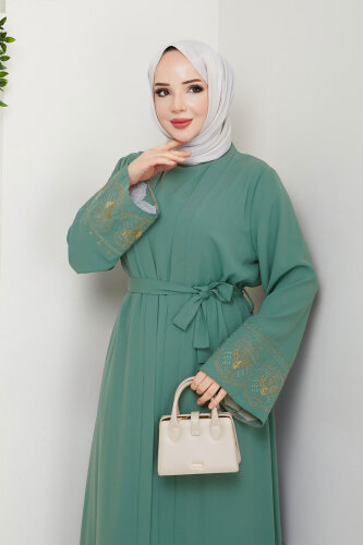 Nakışlı İç Elbiseli Abaya Takım TSD250197 Mint Yeşili - 2