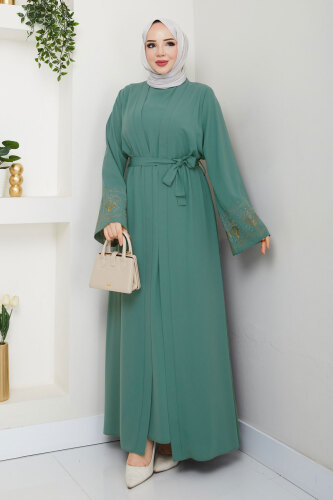 Nakışlı İç Elbiseli Abaya Takım TSD250197 Mint Yeşili - 3