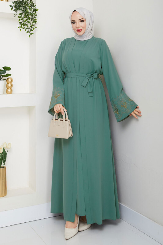 Nakışlı İç Elbiseli Abaya Takım TSD250197 Mint Yeşili - 1