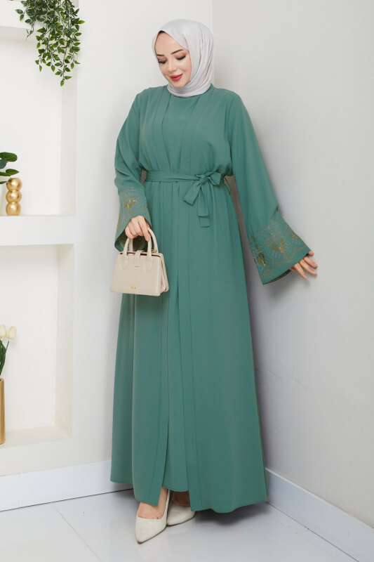 Nakışlı İç Elbiseli Abaya Takım TSD250197 Mint Yeşili - 4