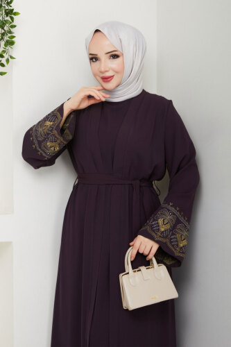 Nakışlı İç Elbiseli Abaya Takım TSD250197 Mürdüm - 2