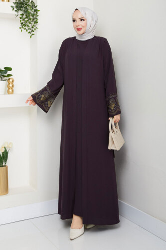Nakışlı İç Elbiseli Abaya Takım TSD250197 Mürdüm - 3