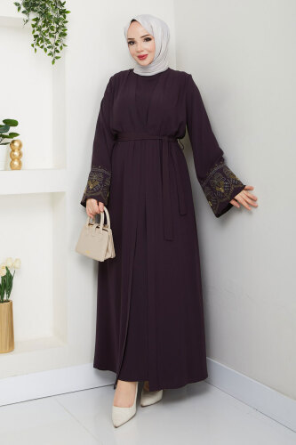 Nakışlı İç Elbiseli Abaya Takım TSD250197 Mürdüm - 1