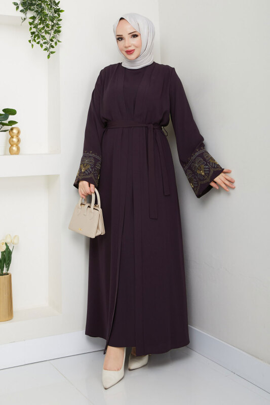 Nakışlı İç Elbiseli Abaya Takım TSD250197 Mürdüm - 1