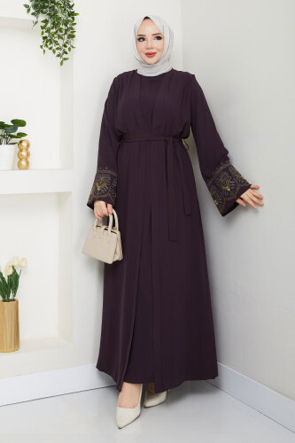 Nakışlı İç Elbiseli Abaya Takım TSD250197 Mürdüm - 4