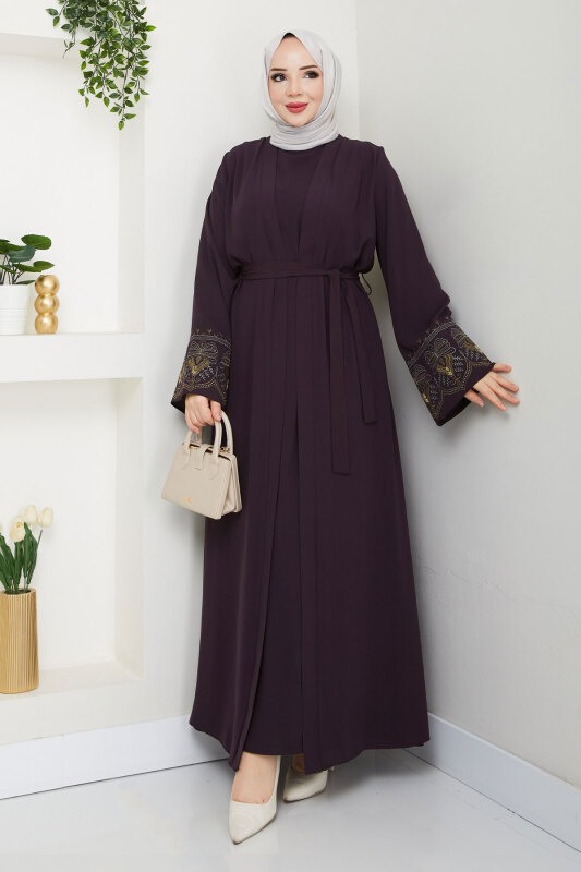 Nakışlı İç Elbiseli Abaya Takım TSD250197 Mürdüm - 4