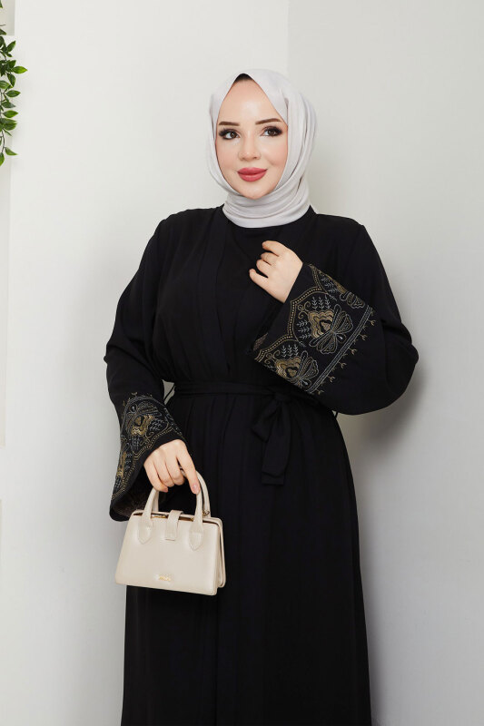 Nakışlı İç Elbiseli Abaya Takım TSD250197 Siyah - 2