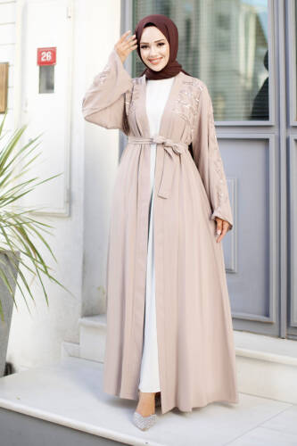 Nakışlı Tesettür Abaya TSD240723 Bej 