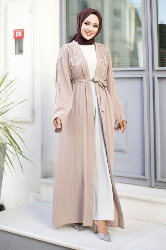 Nakışlı Tesettür Abaya TSD240723 Bej - 3