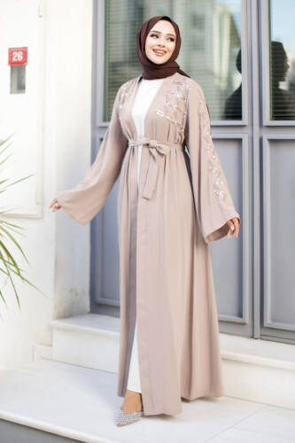 Nakışlı Tesettür Abaya TSD240723 Bej - 4