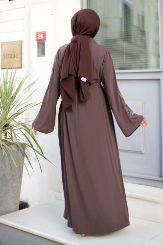 Nakışlı Tesettür Abaya TSD240723 Kahverengi - 5