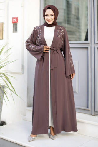 Nakışlı Tesettür Abaya TSD240723 Kahverengi 