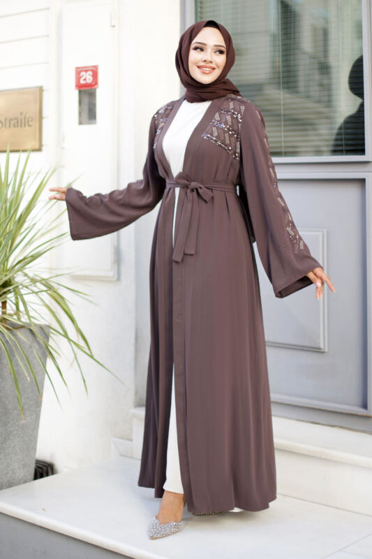 Nakışlı Tesettür Abaya TSD240723 Kahverengi - 3