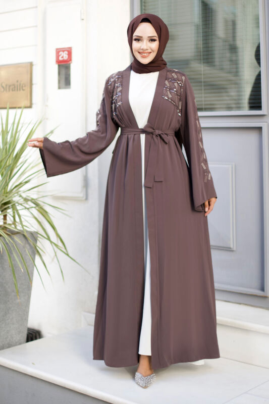 Nakışlı Tesettür Abaya TSD240723 Kahverengi - 4