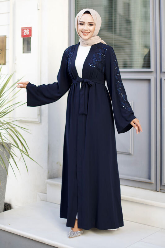 Nakışlı Tesettür Abaya TSD240723 Lacivert - 3