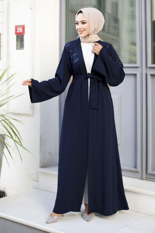 Nakışlı Tesettür Abaya TSD240723 Lacivert - 4