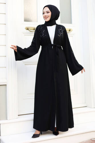 Nakışlı Tesettür Abaya TSD240723 Siyah - 3