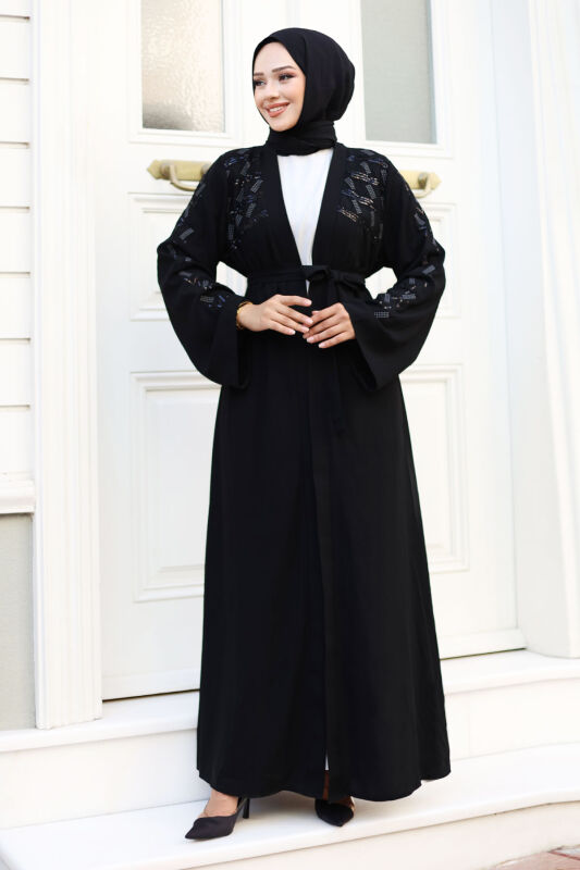 Nakışlı Tesettür Abaya TSD240723 Siyah - 4