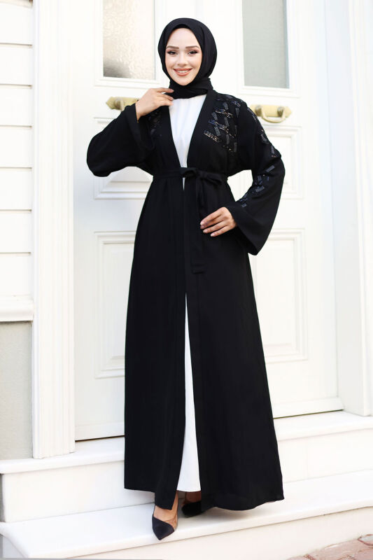 Nakışlı Tesettür Abaya TSD240723 Siyah - 1