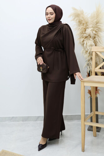 Omuzu Broş Detaylı Takım TSD260140 Acı Kahve 