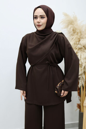 Omuzu Broş Detaylı Takım TSD260140 Acı Kahve - 2