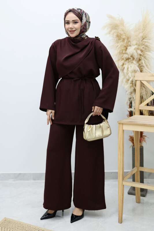 Omuzu Broş Detaylı Takım TSD260140 Bordo - Tesettür Dünyası