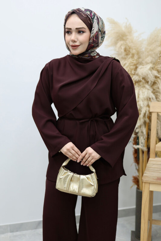 Omuzu Broş Detaylı Takım TSD260140 Bordo - Tesettür Dünyası (1)