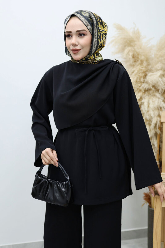 Omuzu Broş Detaylı Takım TSD260140 Siyah - Tesettür Dünyası (1)