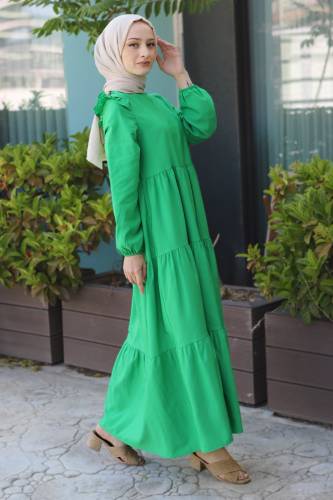 Omuzu Fırfırlı Elbise TSD220641 Yeşil - 4