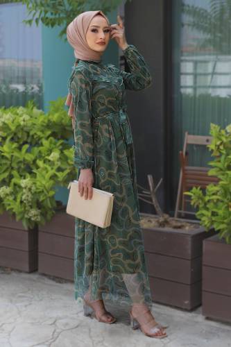 Omuzu Fırfırlı Tül Elbise TSD220526 Yeşil - 3