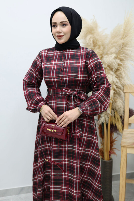 Önden Düğmeli Ekose Elbise TSD260131 Bordo - Tesettür Dünyası (1)