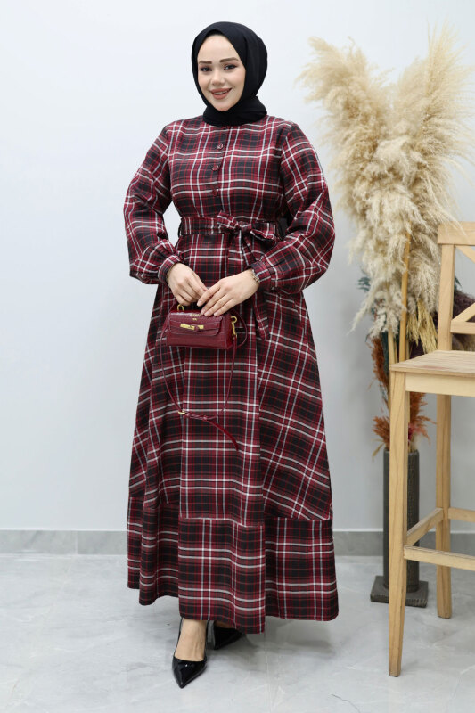 Önden Düğmeli Ekose Elbise TSD260131 Bordo - 3