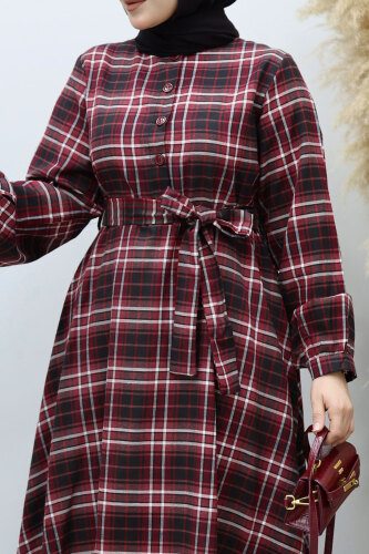 Önden Düğmeli Ekose Elbise TSD260131 Bordo - 4