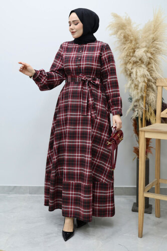 Önden Düğmeli Ekose Elbise TSD260131 Bordo - 5