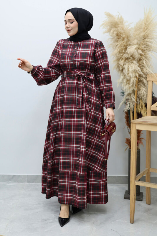 Önden Düğmeli Ekose Elbise TSD260131 Bordo - 5