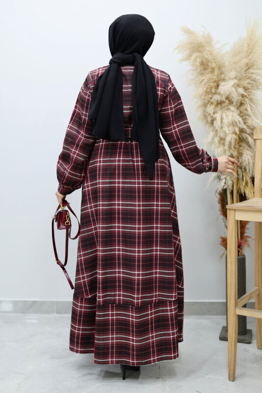 Önden Düğmeli Ekose Elbise TSD260131 Bordo - 6