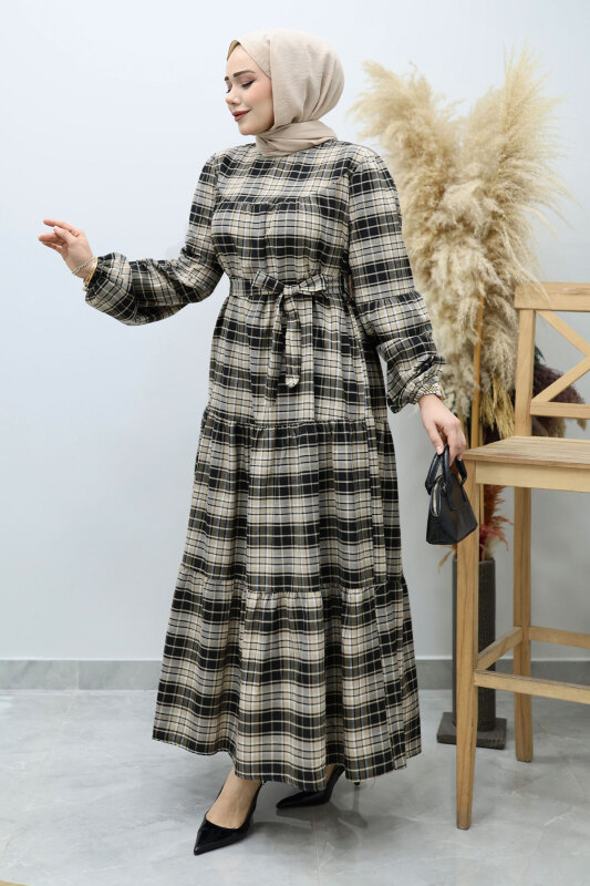 Önden Düğmeli Ekose Elbise TSD260131 Camel - Tesettür Dünyası