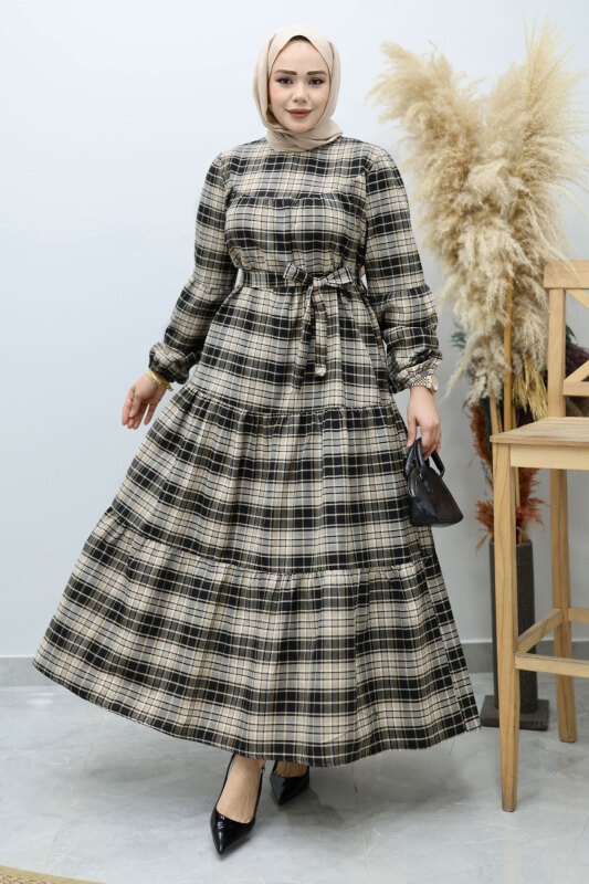 Önden Düğmeli Ekose Elbise TSD260131 Camel - 3