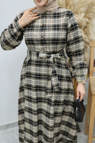 Önden Düğmeli Ekose Elbise TSD260131 Camel - 4