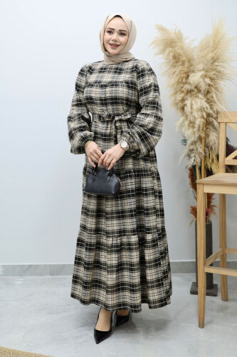 Önden Düğmeli Ekose Elbise TSD260131 Camel - 5