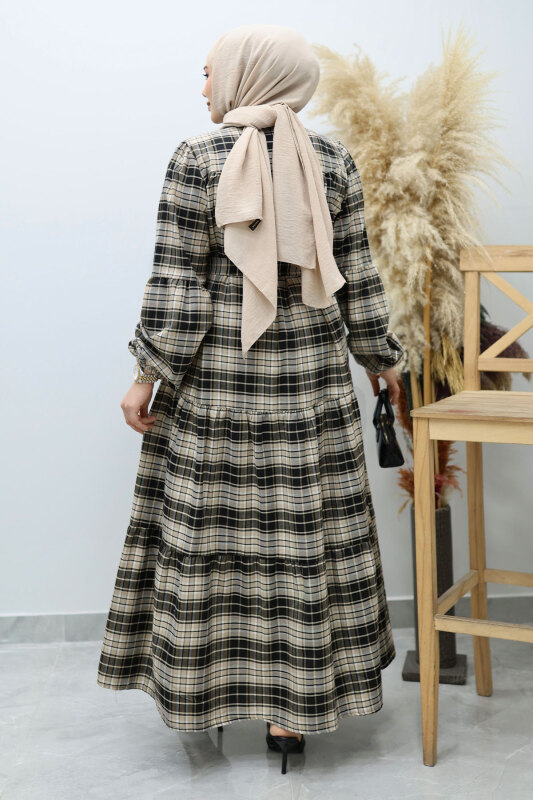 Önden Düğmeli Ekose Elbise TSD260131 Camel - 6