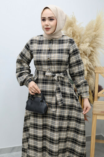 Önden Düğmeli Ekose Elbise TSD260131 Camel - Tesettür Dünyası (1)